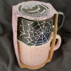 NWT COBWEBS & CAULDRONS Spider Web Stackable Mug Set Halloween Set Pink Black